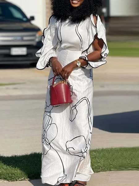 

Elegant Floral Printing Boat Neck Maxi Dress, White, Maxi Dresses