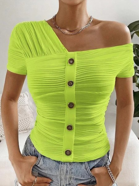 

Urban Plain Buttoned Asymmetrical T-shirt, As picture, Tees