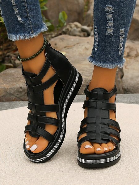 New Summer Sandals For Women Soft Leather Wedge Heel Rhinestone Thick-soled Roman Sandals Elegant Hollow Sandals