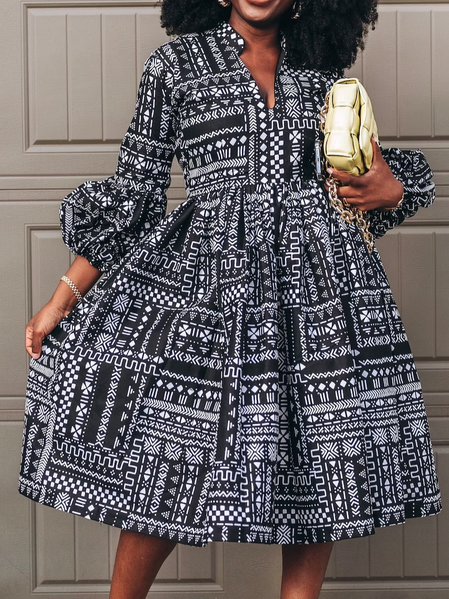 

Casual Geometric Printing Midi Dress, Black, Midi Dresses