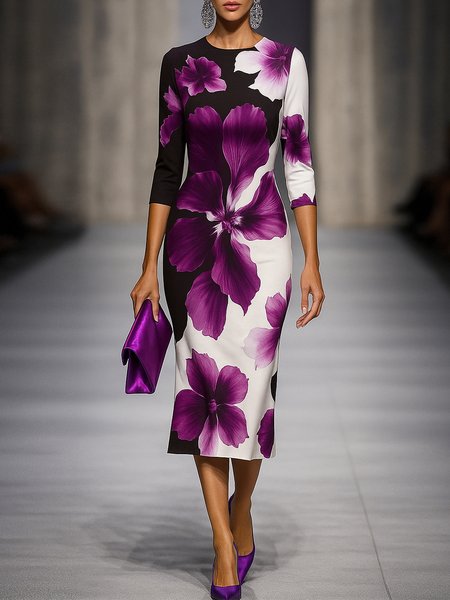 

Elegant Floral Printing Midi Dress, Purple, Midi Dresses