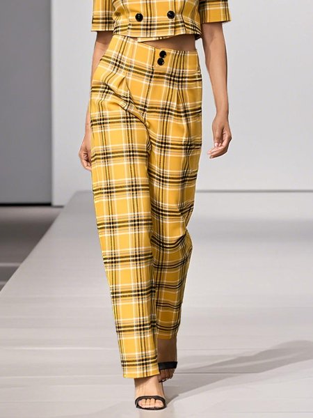 

Urban Plaid Printing Straight Pants, Yellow, Pants