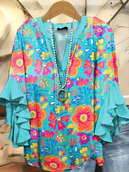 

Women Floral Half Sleeve Shirt Summer Printing V Neck Daily Casual Top, Blue, Shirts