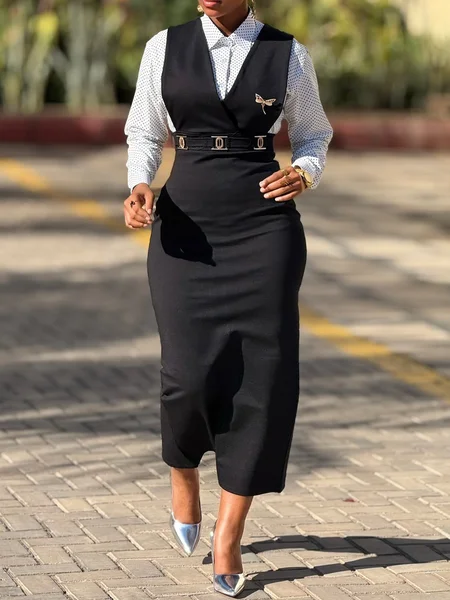 

Urban Plain Buckle V Neck Maxi Dress With Brooch, Black, Maxi Dresses