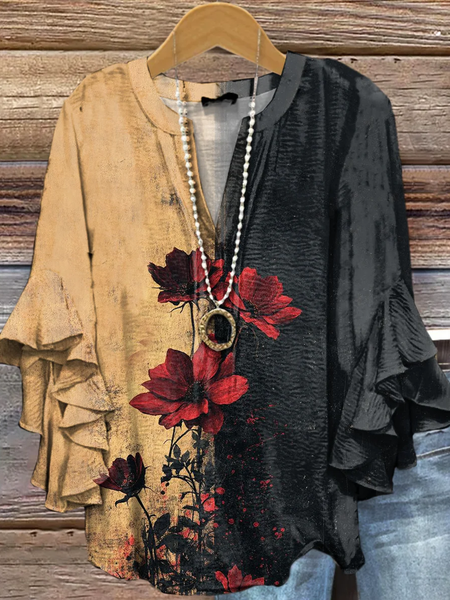 Women Floral Half Sleeve Shirt Summer Printing V Neck Daily Casual Top
