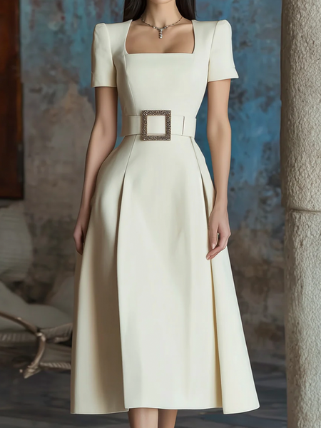

Elegant Plain Square Neck Midi Dress With Belt, Creme light, Midi Dresses