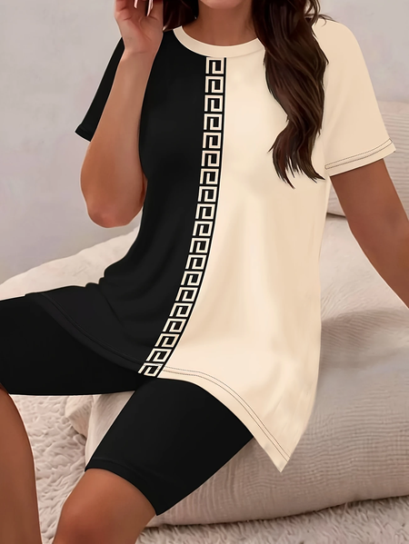 

Women Geometric Printing Two-Piece Set Daily Short Sleeve Casual Summer Top With Pants Matching Set, Black, Suit Set