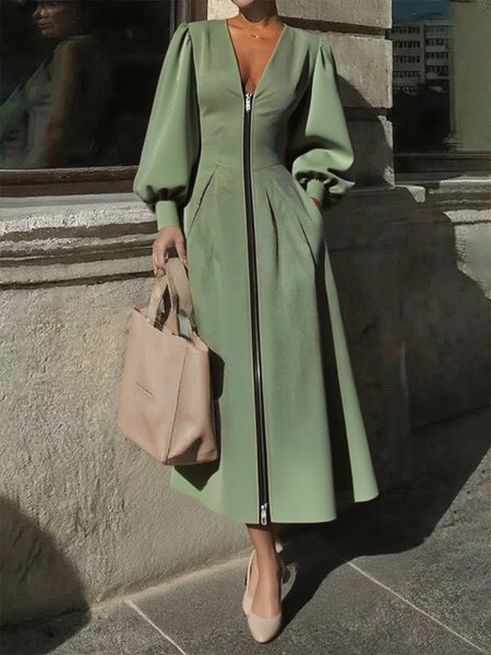 

Urban Plain Balloon Sleeve Zipper V Neck Midi Dress, As picture, Midi Dresses