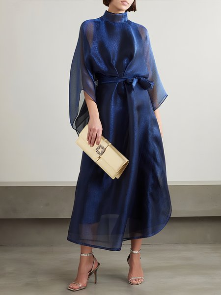 

Elegant Plain Midi Dress With Belt, Blue, Midi Dresses