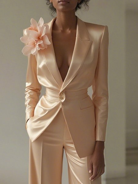 

Elegant Satin Plain Lapel Collar Blazer With 3D Floral Brooch, As picture, Blazers