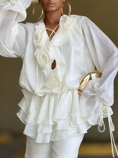 

Elegant Plain Drawstring V Neck Bell Sleeve Blouse, White, Blouses and Shirts