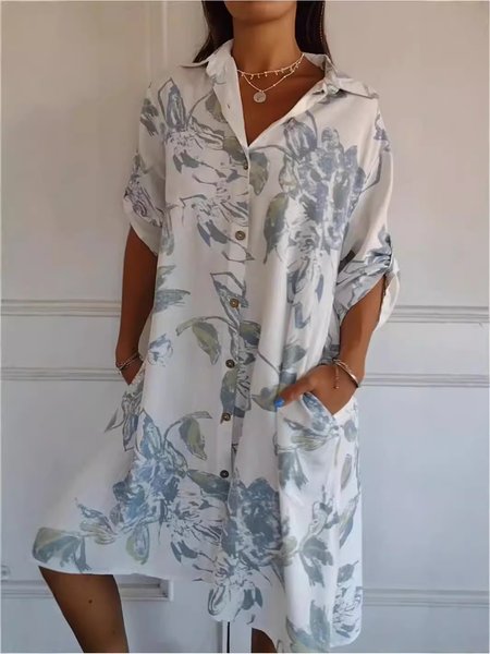 

Women Floral Half Sleeve Summer Printing Dress Stand Collar Daily Vintage Midi Tank A-Line Dress, White, Dresses