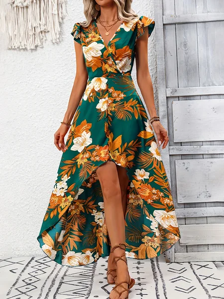 

Women Plain Short Sleeve Summer Printing Dress V Neck Ruffle Sleeve Daily Vintage Maxi Tank A-Line Dress, Green, Dresses