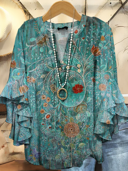 

Women Floral Half Sleeve Shirt Summer Printing V Neck Daily Casual Top, Green, Shirts