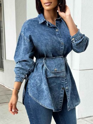 

Urban Plain Buttoned Denim Shirt With Belt, Blue, Blouses and Shirts
