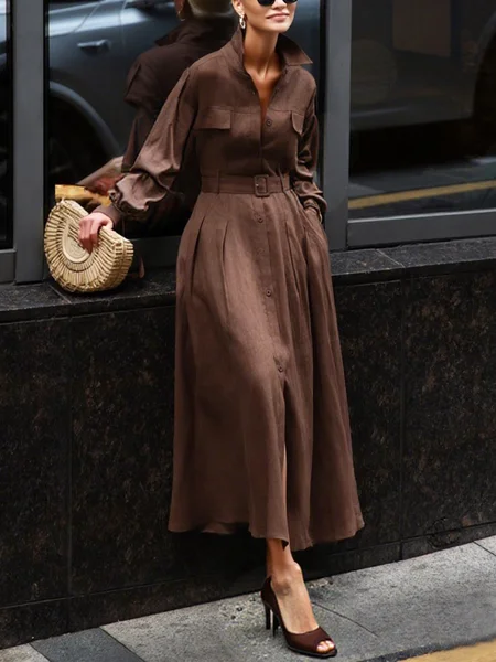 

Urban Plain Cotton And Linen Shirt Collar Midi Dress With Belt, Brown, Midi Dresses