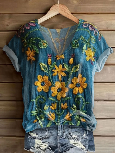 

Women Floral Short Sleeve Tee T-shirt V Neck Printing Casual Summer Graphic Tee Top, Blue, T-Shirts