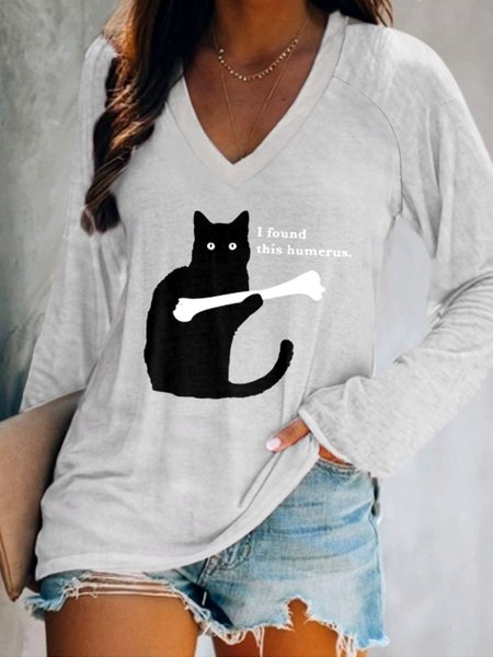 

Casual Animal V Neck Long Sleeve T-shirt, Gray, T-shirts