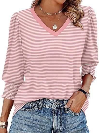

V Neck Three Quarter Sleeve Striped Regular Micro-Elasticity Regular Fit Shirt For Women, Pink, Shirts