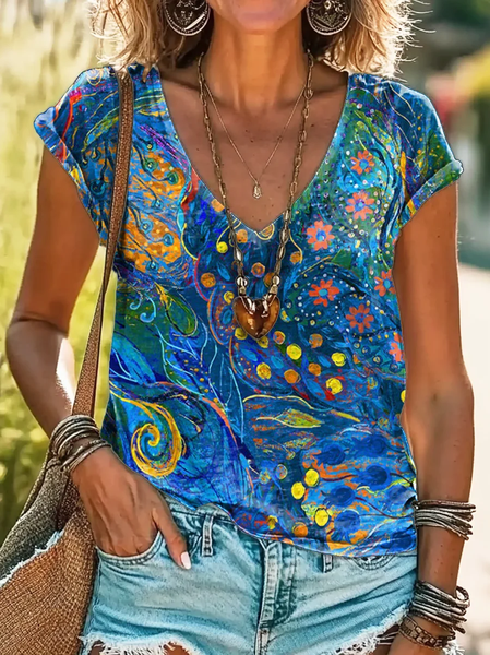 

Women Abstract Short Sleeve Tee T-shirt V Neck Printing Casual Summer Graphic Tee Top, Blue, T-Shirts