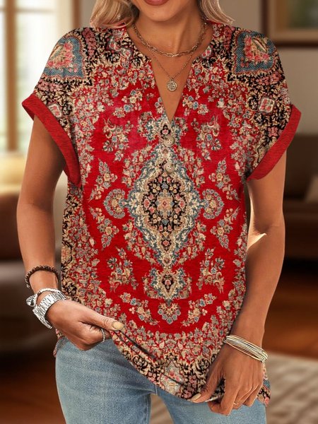

Casual Floral V Neck Short Sleeve T-shirt, Red, T-shirts