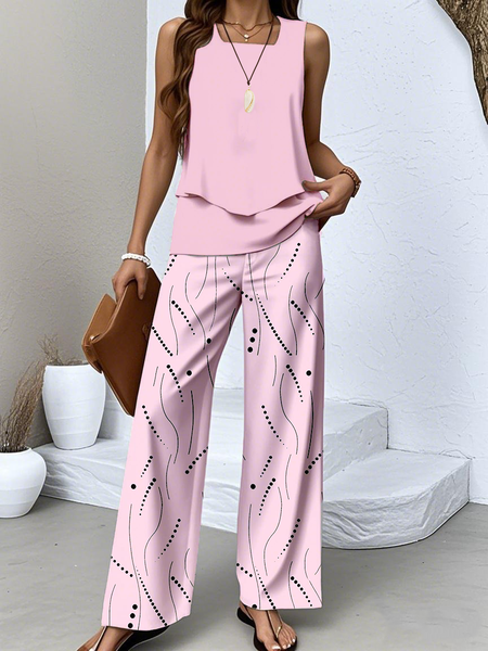 

Women Striped Two-Piece Set Daily Sleeveless Casual Summer Top With Pants Matching Set, Pink, Sets
