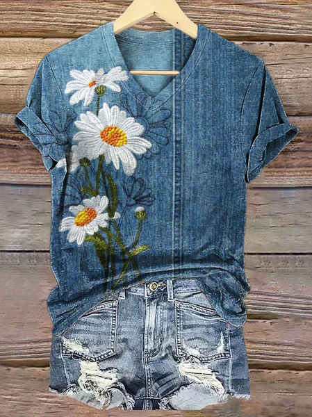 

Women Floral Short Sleeve Tee T-shirt V Neck Printing Casual Summer Graphic Tee Top, Blue, T-Shirts