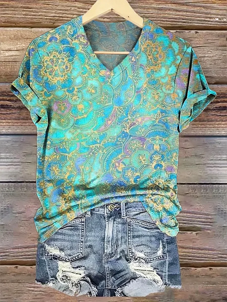 

Women Floral Short Sleeve Tee T-shirt V Neck Printing Casual Summer Graphic Tee Top, Cyan, T-Shirts