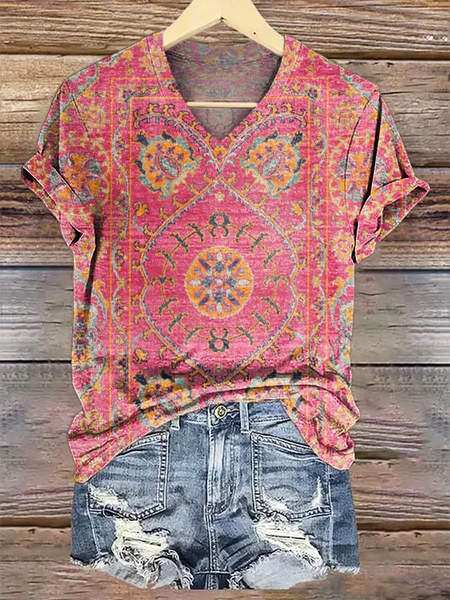 

Women Floral Short Sleeve Tee T-shirt V Neck Printing Casual Summer Graphic Tee Top, Pink, T-Shirts