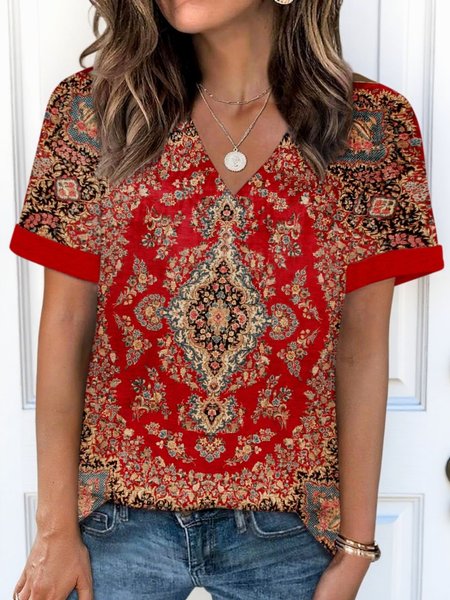 

Vintage Floral Crew Neck Short Sleeve T-shirt, Red, T-shirts