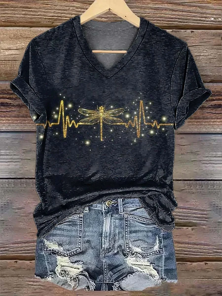 

Women Dragonfly Short Sleeve Tee T-shirt V Neck Printing Casual Summer Graphic Tee Top, Black, T-Shirts