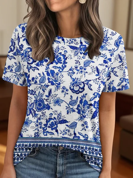 

Vintage Floral Crew Neck Short Sleeve T-shirt, As picture, T-shirts