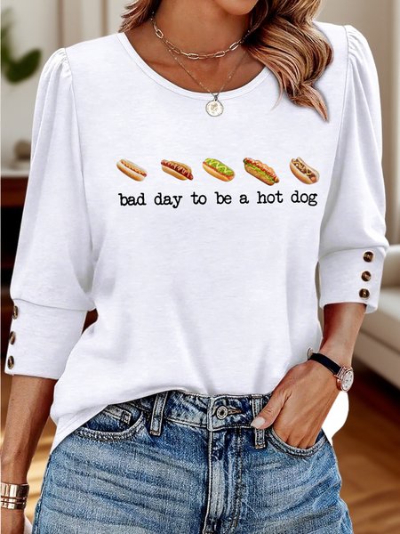 

Casual Floral Crew Neck Three Quarter Sleeve T-shirt, White, T-shirts