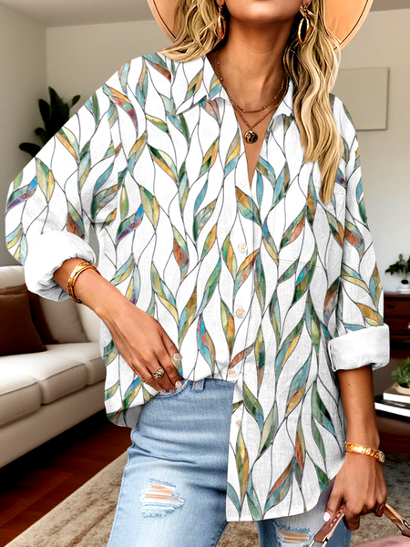

Shirt Collar Long Sleeve Floral Regular Micro-Elasticity Regular Fit Shirt For Women, As picture, Shirts