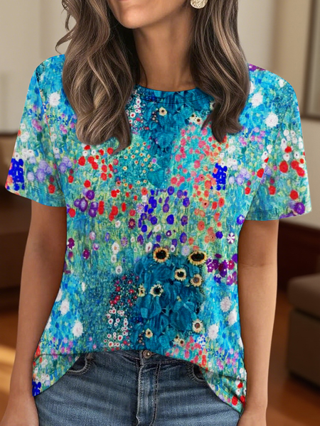 

Vintage Floral Crew Neck Short Sleeve T-shirt, As picture, T-shirts