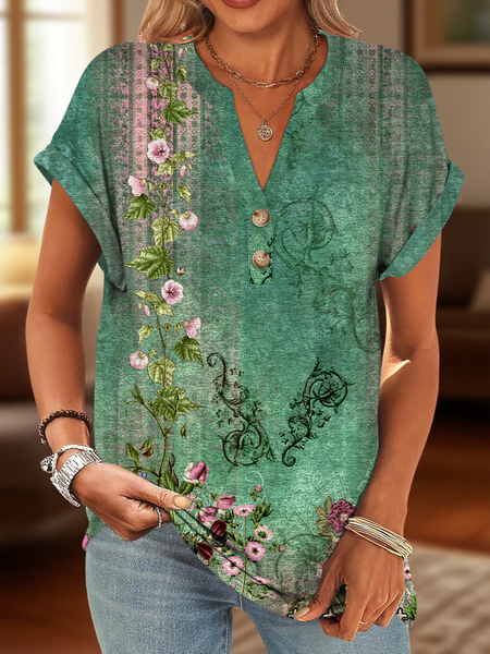 

Casual Floral V Neck Short Sleeve T-shirt, As picture, T-shirts