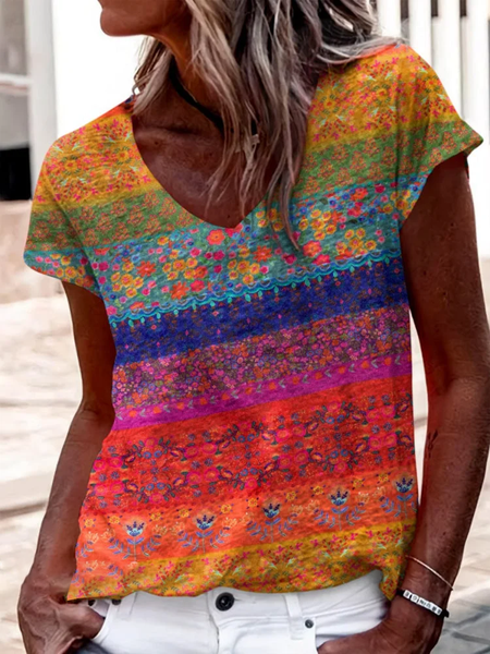 

Women Floral Short Sleeve Tee T-shirt V Neck Printing Casual Summer Graphic Tee Top, As picture, T-Shirts