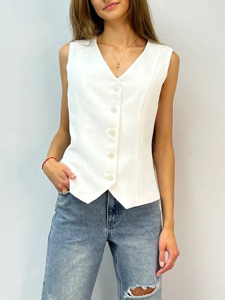 

Women Sleeveless Tank Top Camisole Summer Plain Buckle V Neck Daily Simple Top, White, Tanks & Camis