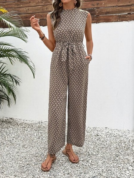 

Women Geometric Crew Neck Sleeveless Vintage Summer Jumpsuit, Khaki, Jumpsuits＆Rompers
