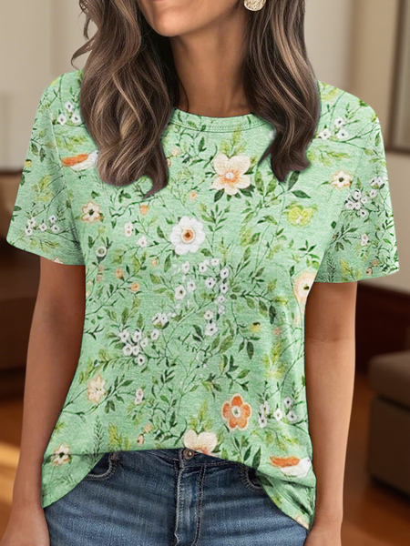 

Vintage Floral Crew Neck Short Sleeve T-shirt, As picture, T-shirts