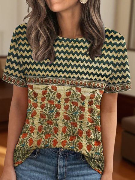 

Vintage Striped Crew Neck Short Sleeve T-shirt, Brown, T-shirts