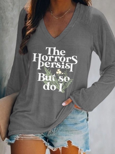 

Casual Text Letters V Neck Long Sleeve T-shirt, Gray, T-shirts