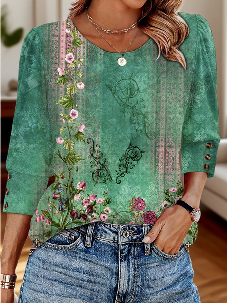 

Casual Floral Crew Neck Three Quarter Sleeve T-shirt, As picture, T-shirts
