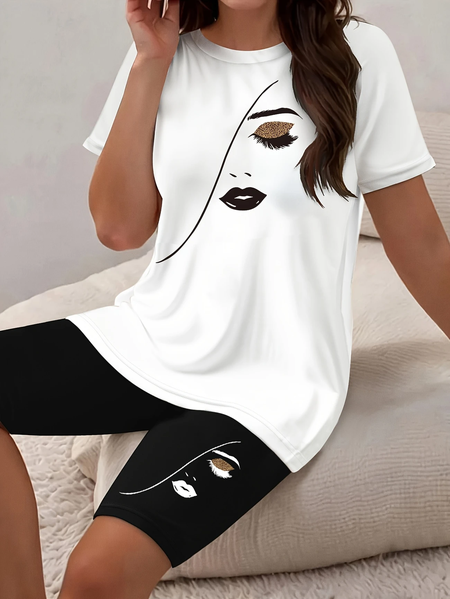

Women Abstract Printing Two-Piece Set Daily Short Sleeve Casual Summer Top With Pants Matching Set, Black-white, Suit Set