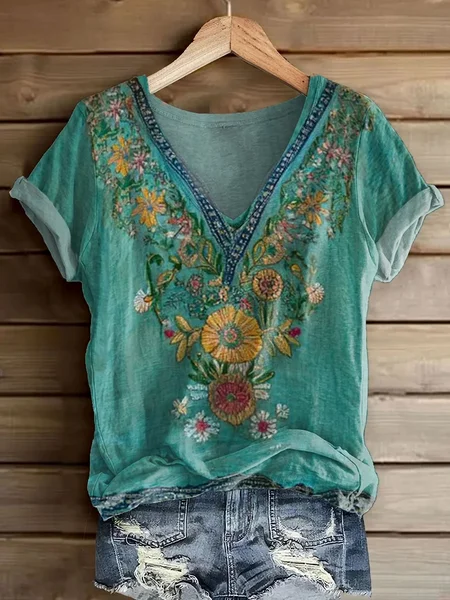 

Women Floral Short Sleeve Tee T-shirt V Neck Printing Casual Summer Graphic Tee Top, Green, T-Shirts