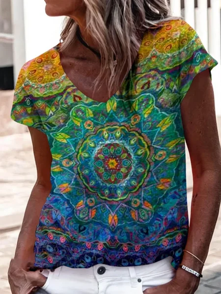 

Women Floral Short Sleeve Tee T-shirt V Neck Printing Casual Summer Graphic Tee Top, Blue, T-Shirts