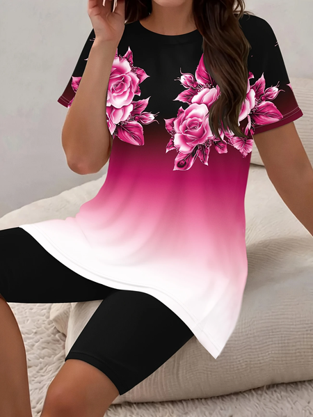 

Women Floral Printing Two-Piece Set Daily Short Sleeve Casual Summer Top With Pants Matching Set, Black-purple, Suit Set