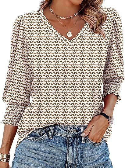 

V Neck Three Quarter Sleeve Geometric Regular Micro-Elasticity Regular Fit Shirt For Women, Apricot, Shirts