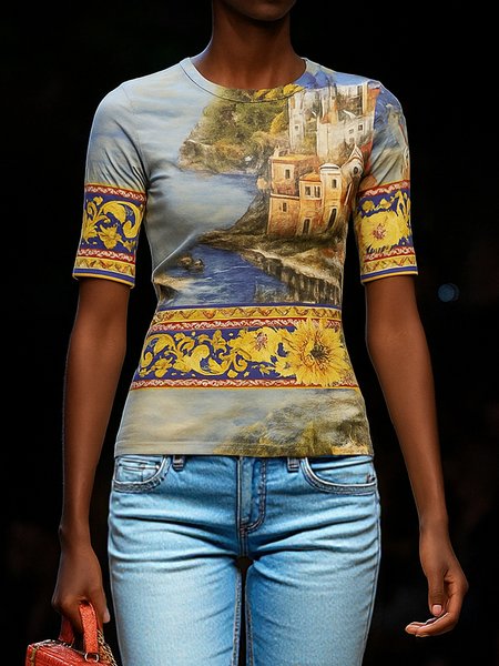 

Urban Floral Printing Crew Neck T-shirt, As picture, Tees