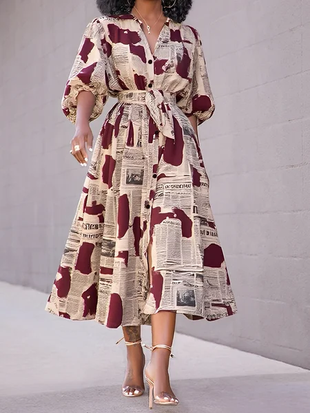 

Urban Abstract Graphic Balloon Sleeve Printing V Neck Maxi Dress With Belt, As picture, Midi Dresses